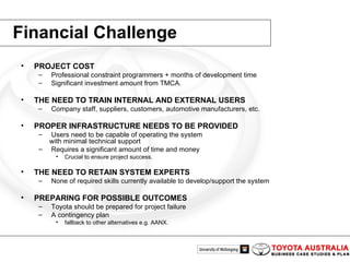 Financial Challenge PROJECT COST Professional constraint programmers + months of development time Significant investment amount from TMCA. THE NEED TO TRAIN INTERNAL AND EXTERNAL USERS Company staff, suppliers, customers, automotive manufacturers, etc. PROPER INFRASTRUCTURE NEEDS TO BE PROVIDED Users need to be capable of operating the system with minimal technical support Requires a significant amount of time and money Crucial to ensure project success. THE NEED TO RETAIN SYSTEM EXPERTS None of required skills currently available to develop/support the system PREPARING FOR POSSIBLE OUTCOMES  Toyota should be prepared for project failure A contingency plan fallback to other alternatives e.g. AANX.  