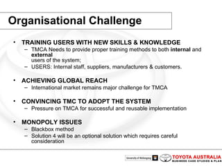Organisational Challenge TRAINING USERS WITH NEW SKILLS & KNOWLEDGE TMCA Needs to provide proper training methods to both  internal  and  external users of the system; USERS: Internal staff, suppliers, manufacturers & customers. ACHIEVING GLOBAL REACH International market remains major challenge for TMCA CONVINCING TMC TO ADOPT THE SYSTEM  Pressure on TMCA for successful and reusable implementation MONOPOLY ISSUES Blackbox method Solution 4 will be an optional solution which requires careful consideration 