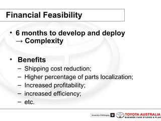 Financial Feasibility 6 months to develop and deploy -> Complexity Benefits Shipping cost reduction; Higher percentage of parts localization; Increased profitability; increased efficiency; etc. 