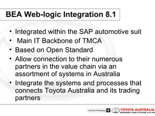 BEA Web-logic Integration 8.1 Integrated within the SAP automotive suit Main IT Backbone of TMCA Based on Open Standard Allow connection to their numerous partners in the value chain via an assortment of systems in Australia  Integrate the systems and processes that connects Toyota Australia and its trading partners  