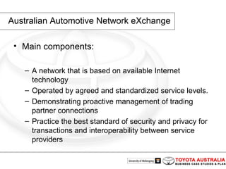 Australian Automotive Network eXchange Main components: A network that is based on available Internet technology Operated by agreed and standardized service levels. Demonstrating proactive management of trading partner connections Practice the best standard of security and privacy for transactions and interoperability between service providers  