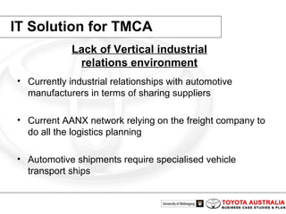 IT Solution for TMCA Currently   industrial relationships with automotive manufacturers in terms of sharing suppliers   Current AANX network relying on the freight company to do all the logistics planning   Automotive shipments require specialised vehicle transport ships  Lack of Vertical industrial relations environment 