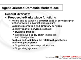 Agent Oriented Domestic Marketplace General Overview Proposed e-Marketplace functions Will be able to support a  broader base  of  services  given further growth in e-Market infrastructure Baseline interaction  and  directory services Specialty  market services , such as: Dynamic trading ; Cooperative  supply chain  integration and management Enables  and  facilitates  the  relationship  between business participants Suppliers and service providers; and Supporting systems 