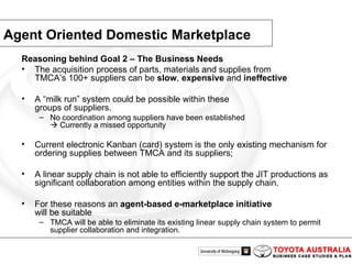 Agent Oriented Domestic Marketplace Reasoning behind Goal 2 – The Business Needs The acquisition process of parts, materials and supplies from TMCA’s 100+ suppliers can be  slow ,  expensive  and  ineffective A “milk run” system could be possible within these groups of suppliers. No coordination among suppliers have been established   Currently a missed opportunity Current electronic Kanban (card) system is the only existing mechanism for ordering supplies between TMCA and its suppliers; A linear supply chain is not able to efficiently support the JIT productions as significant collaboration among entities within the supply chain. For these reasons an  agent-based e-marketplace initiative will be suitable TMCA will be able to eliminate its existing linear supply chain system to permit supplier collaboration and integration. 