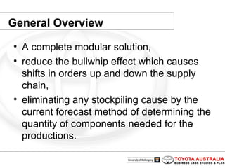 General Overview A complete modular solution, reduce the bullwhip effect which causes shifts in orders up and down the supply chain, eliminating any stockpiling cause by the current forecast method of determining the quantity of components needed for the productions. 