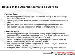 Details of the Desired Agents to be work as Forecast Agent  enables suppliers to rapidly align demand and supply in the mid-to-long-term planning horizon,  allowing customers and their partners to arrive at a consensus forecast or plan. provides alerts and notifications of demand supply mismatches and  can support a single-phase or two-phase commit planning process.  Inventory Agent  enables suppliers to align demand and supply by providing visibility to inventory status levels at multiple internal and external locations, as well as in-transit positions, enabling optimal levels of inventory.  allows partners to exchange key inventory-related information, such as demand-pull requests and target inventory levels can be used to track supplier compliance to contract obligations such as min/max inventory levels.  exception alerts can be configured to flag any inventory-level violations. 