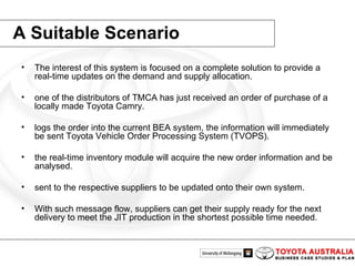 A Suitable Scenario The interest of this system is focused on a complete solution to provide a real-time updates on the demand and supply allocation.  one of the distributors of TMCA has just received an order of purchase of a locally made Toyota Camry. logs the order into the current BEA system, the information will immediately be sent Toyota Vehicle Order Processing System (TVOPS). the real-time inventory module will acquire the new order information and be analysed. sent to the respective suppliers to be updated onto their own system. With such message flow, suppliers can get their supply ready for the next delivery to meet the JIT production in the shortest possible time needed. 