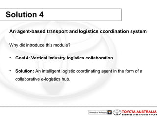 Solution 4 An agent-based transport and logistics coordination system Why did introduce this module? Goal 4: Vertical industry logistics collaboration  Solution:  An intelligent logistic coordinating agent in the form of a collaborative e-logistics hub.   
