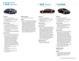 Safety/Convenience
•	 Star Safety System™ and ten airbags25
Options
•	Entune™ Premium Audio with Navigation12
and
App Suite13
— includes the Entune™ Multimedia
Bundle3
(7-in. high-resolution touch-screen with
split-screen display, AM/FM CD player with
MP3/WMA playback capability, nine speakers
including amplifier, auxiliary audio jack, USB
2.0 port4
with iPod®5
connectivity and control,
advanced voice recognition,6
hands-free phone
capability, phone book access and music
streaming7
via Bluetooth®8
wireless technology),
Entune®
App Suite,13
HD Radio,™10
HD predictive
traffic and Doppler weather overlay, AM/FM
cache radio, SiriusXM All Access Radio9
with
3-month complimentary trial, integrated backup
camera11
display with projected path
Powertrain
•	 2.5-liter 4-cylinder hybrid engine
•	 Hybrid System Net Power: 200 hp (149 kW)
•	Electronically controlled Continuously Variable
Transmission (ECVT)
•	 40 city/39 hwy/40 combined est. mpg33
Exterior Features
•	 17-in. silver-painted alloy wheels
•	Quadrabeam halogen headlights with auto on/off
feature and Daytime Running Lights (DRL)
•	Hidden exhaust with chrome-accented cover
•	 Power tilt/slide moonroof with sliding sunshade
•	Smart Key System17
on front doors and trunk
with Push Button Start
•	Color-keyed heated, power outside mirrors with
turn signal indicators and manual folding feature
Interior Features
•	Leather-trimmed tilt/telescopic steering wheel
•	Leather-trimmed multi-stage heated front seats
•	Entune™ Audio Plus — includes the Entune™
Multimedia Bundle3
(6.1-in. high-resolution
touch-screen display, AM/FM CD player, MP3/
WMA playback capability, eight speakers,
auxiliary audio jack, USB 2.0 port4
with iPod®5
connectivity and control, advanced voice
recognition,6
hands-free phone capability,
phone book access and music streaming7
via
Bluetooth®8
wireless technology), SiriusXM All
Access Radio9
with 3-month complimentary trial,
HD Radio,™10
HD traffic and weather in major
metro areas, integrated backup camera11
display
with projected path
•	Intelligent Touch controls for climate and
audio system
•	Dual zone automatic climate control with
rear-seat vents
•	eBin™ storage with two 12V power outlets
•	Auto-dimming rearview mirror
with HomeLink®18
Powertrain
•	 2.5-liter 4-cylinder hybrid engine
•	 Hybrid System Net Power: 200 hp (149 kW)
•	Electronically controlled Continuously Variable
Transmission (ECVT)
•	 40 city/39 hwy/40 combined est. mpg33
Exterior Features
•	 Wide-angle fog lights
Interior Features
•	Entune™ Premium Audio with Navigation12
and
App Suite13
— includes the Entune™ Multimedia
Bundle3
(7-in. high-resolution touch-screen with
split-screen display, AM/FM CD player with
MP3/WMA playback capability, nine speakers
including amplifier, auxiliary audio jack, USB
2.0 port4
with iPod®5
connectivity and control,
advanced voice recognition,6
hands-free phone
capability, phone book access and music
streaming7
via Bluetooth®8
wireless technology),
Entune®
App Suite,13
HD Radio,™10
HD predictive
traffic and Doppler weather overlay, AM/FM
cache radio, SiriusXM All Access Radio9
with
3-month complimentary trial, integrated backup
camera11
display with projected path
•	Driver’s seat memory systems
Safety/Convenience
•	Blind Spot Monitor (BSM)29
with
Rear Cross-Traffic Alert (RCTA)30
Powertrain
•	 2.5-liter 4-cylinder hybrid engine
•	Hybrid System Net Power: 200 hp (149 kW)
•	Electronically controlled Continuously Variable
Transmission (ECVT)
•	 40 city/39 hwy/40 combined est. mpg33
Exterior Features
•	High Intensity Discharge (HID) Quadrabeam
headlights with auto on/off feature and LED
Daytime Running Lights (DRL)
•	Color-keyed heated, auto-dimming power
outside mirrors with turn signal indicators
•	 Rain-sensing wipers
Interior Features
•	Entune™ Premium JBL®
Audio with Navigation12
and App Suite13
— includes the Entune™
Multimedia Bundle3
(7-in. high-resolution touch-
screen with split-screen display, AM/FM CD
player with MP3/WMA playback capability, 11
JBL®
GreenEdge™ speakers in nine locations
including subwoofer and amplifier, auxiliary audio
jack, USB 2.0 port4
with iPod®5
connectivity and
control, advanced voice recognition,6
hands-free
phone capability, phone book access and music
streaming7
via Bluetooth®8
wireless technology),
Entune®
App Suite,13
HD Radio,™10
HD predictive
traffic and Doppler weather overlay, AM/FM
cache radio, SiriusXM All Access Radio9
with
3-month complimentary trial, integrated backup
camera11
display with projected path
•	Premium perforated leather-trimmed heated and
ventilated front seats; heated rear seats
•	 Three-zone automatic climate control
•	 Power rear sunshade
Safety/Convenience
•	 Safety Connect®28
Options
•	Technology Package: includes Dynamic Radar
Cruise Control (DRCC),15
Automatic High Beam
(AHB),2
Pre-Collision System (PCS),20
and
Qi wireless charging21
capability for eBin™
storage tray
XLE Premium XLE Touring
Adds to or replaces features offered
on Hybrid XLE Premium
LimitedAdds to or replaces features offered on
Hybrid XLE Touring
See numbered footnotes in Disclosures section.
Avalon Hybrid Models
 