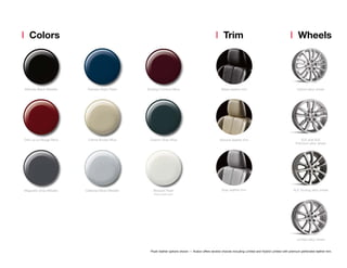 Hybrid alloy wheel
XLE and XLE
Premium alloy wheel
Limited alloy wheel
Attitude Black Metallic Black leather trim
Almond leather trim
Gray leather trim
Parisian Night Pearl Sizzling Crimson Mica
Ooh La La Rouge Mica Crème Brulee Mica Cosmic Gray Mica
Magnetic Gray Metallic Celestial Silver Metallic Blizzard Pearl
Extra-cost color
Colors Trim Wheels
XLE Touring alloy wheel
Plush leather options shown — Avalon offers several choices including Limited and Hybrid Limited with premium perforated leather trim.
 