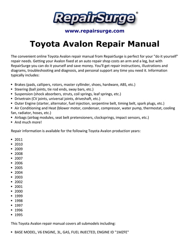 Toyota avalon repair manual 1995 2011 PDF