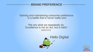 BRAND PREFERENCE


Gaining and maintaining consumer preference
      is a battle that is never really won

     “We are what we repeatedly do.
    Excellence is not an act, but a habit.”
                  ARISTOTLE



                          Hello Digital
 