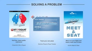 SOLVING A PROBLEM




find free, clean public         Track your own pizza        Who’s on your flight and
       restrooms                                            book a seat next to them
                             Domino Pizza‟s Pizza Tracker
Charmin‟s Sit or Squat                                         KLM‟s Meet & Seat
 