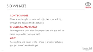 121
SO WHAT?
CONTEXTUALISE
Share your thought process and objective – we will dig
through the data and ﬁnd a solution
CHALLENGE AND TARGET 
Interrogate the brief with sharp questions and you will be
more targeted in your approach
WHY? 
Keep asking and never settle – there is a better solution
you just haven’t reached it yet
 
