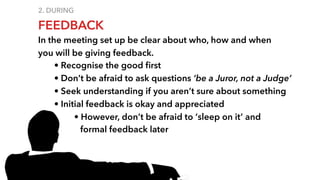 2. DURING
FEEDBACK
In the meeting set up be clear about who, how and when
you will be giving feedback.
• Recognise the good ﬁrst
• Don’t be afraid to ask questions ‘be a Juror, not a Judge’
• Seek understanding if you aren’t sure about something
• Initial feedback is okay and appreciated
• However, don’t be afraid to ‘sleep on it’ and
give formal feedback later
 