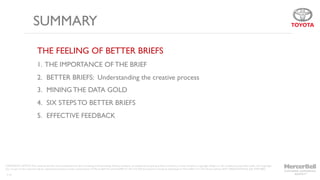 142
SUMMARY
COPYRIGHT NOTICE:This material and the work produced from this marketing brief (including, without limitation, all intellectual property, artistic and literary works therein) is copyright. Subject to the conditions prescribed under the Copyright
Act, no part of this material may be reproduced without written authorisation of MercerBell Pty Limited ABN 57 435 510 529.All enquiries should be addressed to MercerBell 3-71York Street Sydney NSW 2000 AUSTRALIA (02) 9299 0802.
THE FEELING OF BETTER BRIEFS
1. THE IMPORTANCE OF THE BRIEF
2.  BETTER BRIEFS: Understanding the creative process
3.  MINING THE DATA GOLD
4.  SIX STEPS TO BETTER BRIEFS
5.  EFFECTIVE FEEDBACK
 