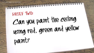 BRIEF TWO:
Can you paint the ceiling
using red, green and yellow
paint?
1:1. INFORM TO INSPIRE
 