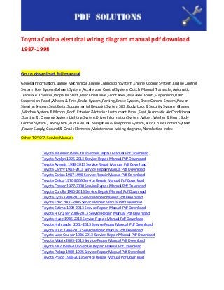 Toyota Carina electrical wiring diagram manual pdf download
1987-1998


Go to download full manual
General Information ,Engine Mechanical ,Engine Lubrication System ,Engine Cooling System ,Engine Control
System ,Fuel System,Exhaust System ,Accelerator Control System ,Clutch ,Manual Transaxle ,Automatic
Transaxle ,Transfer ,Propeller Shaft ,Rear Final Drive ,Front Axle ,Rear Axle ,Front ,Suspension ,Rear
Suspension ,Road ,Wheels & Tires ,Brake System ,Parking ,Brake System ,Brake Control System ,Power
Steering System ,Seat Belts ,Supplemental Restraint System SRS ,Body, Lock & Security System ,Glasses
,Window System & Mirrors ,Roof ,Exterior & Interior ,Instrument Panel ,Seat ,Automatic Air Conditioner
,Starting & ,Charging System ,Lighting System,Driver Information System ,Wiper, Washer & Horn ,Body
Control System ,LAN System ,Audio Visual, Navigation & Telephone System ,Auto Cruise Control System
,Power Supply, Ground & Circuit Elements ,Maintenance ,wiring diagrams,Alphabetical Index

Other TOYOTA Service Manuals


            Toyota 4Runner 1984-2013 Service Repair Manual Pdf Download
            Toyota Avalon 1995-2013 Service Repair Manual Pdf Download
            Toyota Avensis 1998-2013 Service Repair Manual Pdf Download
            Toyota Camry 1983-2013 Service Repair Manual Pdf Download
            Toyota Carina 1987-1998 Service Repair Manual Pdf Download
            Toyota Celica 1970-2006 Service Repair Manual Pdf Download
            Toyota Chaser 1977-2000 Service Repair Manual Pdf Download
            Toyota Corolla 1980-2013 Service Repair Manual Pdf Download
            Toyota Dyna 1980-2013 Service Repair Manual Pdf Download
            Toyota Echo 2000-2005 Service Repair Manual Pdf Download
            Toyota Estima 1990-2013 Service Repair Manual Pdf Download
            Toyota Fj Cruiser 2006-2013 Service Repair Manual Pdf Download
            Toyota Hiace 1985-2013 Service Repair Manual Pdf Download
            Toyota Highlander 2001-2013 Service Repair Manual Pdf Download
            Toyota Hilux 1984-2013 Service Repair Manual Pdf Download
            Toyota Land Cruiser 1986-2013 Service Repair Manual Pdf Download
            Toyota Matrix 2003-2013 Service Repair Manual Pdf Download
            Toyota Mr2 1984-2005 Service Repair Manual Pdf Download
            Toyota Pickup 1980-1995 Service Repair Manual Pdf Download
            Toyota Prado 1988-2013 Service Repair Manual Pdf Download
 