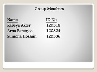 Group Members
Name ID No
Rabeya Akter 120318
Arna Banerjee 120324
Sumona Hossain 120336
 