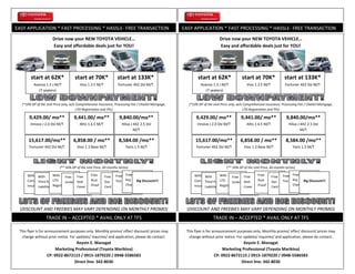 Drive now your NEW TOYOTA VEHICLE…Easy and affordable deals just for YOU! (*10% DP of the Unit Price only, w/o Comprehensive Insurance, Processing Fee / Chattel Mortgage, LTO Registration and TPL)(** 50% DP of the Unit Price, 60 months terms)(DISCOUNT AND FREEBIES MAY VARY DEPENDING ON MONTHLY PROMO)This flyer is for announcement purposes only. Monthly promo/ offer/ discount/ prices may change without prior notice. For updates/ inquiries/ and application, please do contact:Keyvin E. Managat Marketing Professional (Toyota Marikina)CP: 0922-8672115 / 0915-1879220 / 0948-5586583Direct line: 342-8030EASY APPLICATION * FAST PROCESSING * HASSLE- FREE TRANSACTIONstart at 62K*Avanza 1.3 J M/T(7 seaters)start at 70K*Vios 1.3 E M/Tstart at 133K*Fortuner 4X2 Dsl M/T15,617.00/mo**Fortuner 4X2 Dsl M/T6,858.00 / mo**Vios 1.3 Base M/T8,584.00 /mo**Yaris 1.5 M/T9,429.00/ mo**Innova J 2.0 Dsl M/T9,441.00/ mo**Altis 1.6 E M/T9,840.00/mo**Hilux J 4X2 2.5 Dsl M/TWith ComprehesiveInsuranceWith Third Party Liabilities (TPL)With LTORegistrationFreeUmbrellaFreeSeatCoverFreeRustProofFreeGasCardFreeTintFreeKeyChain Big Discount!!!TRADE IN – ACCEPTED * AVAIL ONLY AT TFSDrive now your NEW TOYOTA VEHICLE…Easy and affordable deals just for YOU! (*10% DP of the Unit Price only, w/o Comprehensive Insurance, Processing Fee / Chattel Mortgage, LTO Registration and TPL)(** 50% DP of the Unit Price, 60 months terms)(DISCOUNT AND FREEBIES MAY VARY DEPENDING ON MONTHLY PROMO)This flyer is for announcement purposes only. Monthly promo/ offer/ discount/ prices may change without prior notice. For updates/ inquiries/ and application, please do contact:Keyvin E. Managat Marketing Professional (Toyota Marikina)CP: 0922-8672115 / 0915-1879220 / 0948-5586583Direct line: 342-8030EASY APPLICATION * FAST PROCESSING * HASSLE- FREE TRANSACTIONstart at 62K*Avanza 1.3 J M/T(7 seaters)start at 70K*Vios 1.3 E M/Tstart at 133K*Fortuner 4X2 Dsl M/T15,617.00/mo**Fortuner 4X2 Dsl M/T6,858.00 / mo**Vios 1.3 Base M/T8,584.00 /mo**Yaris 1.5 M/T9,429.00/ mo**Innova J 2.0 Dsl M/T9,441.00/ mo**Altis 1.6 E M/T9,840.00/mo**Hilux J 4X2 2.5 Dsl M/TWith ComprehesiveInsuranceWith Third Party Liabilities (TPL)With LTORegistrationFreeUmbrellaFreeSeatCoverFreeRustProofFreeGasCardFreeTintFreeKeyChain Big Discount!!!TRADE IN – ACCEPTED * AVAIL ONLY AT TFS<br />