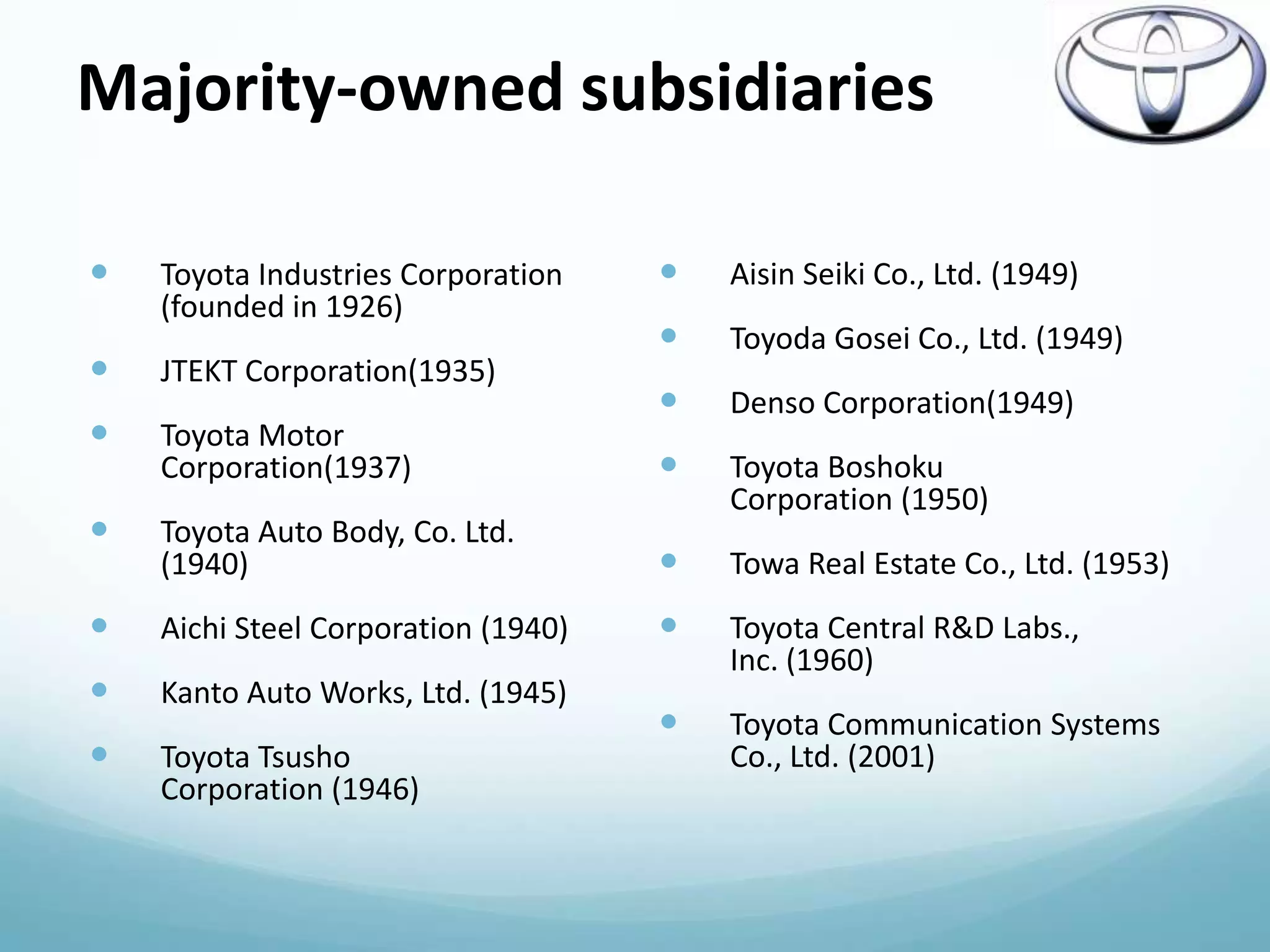 Majority-owned subsidiaries

   Toyota Industries Corporation       Aisin Seiki Co., Ltd. (1949)
    (founded in 1926)
                                        Toyoda Gosei Co., Ltd. (1949)
   JTEKT Corporation(1935)
                                        Denso Corporation(1949)
   Toyota Motor
    Corporation(1937)                   Toyota Boshoku
                                         Corporation (1950)
   Toyota Auto Body, Co. Ltd.
    (1940)                              Towa Real Estate Co., Ltd. (1953)
   Aichi Steel Corporation (1940)      Toyota Central R&D Labs.,
                                         Inc. (1960)
   Kanto Auto Works, Ltd. (1945)
                                        Toyota Communication Systems
   Toyota Tsusho                        Co., Ltd. (2001)
    Corporation (1946)
 