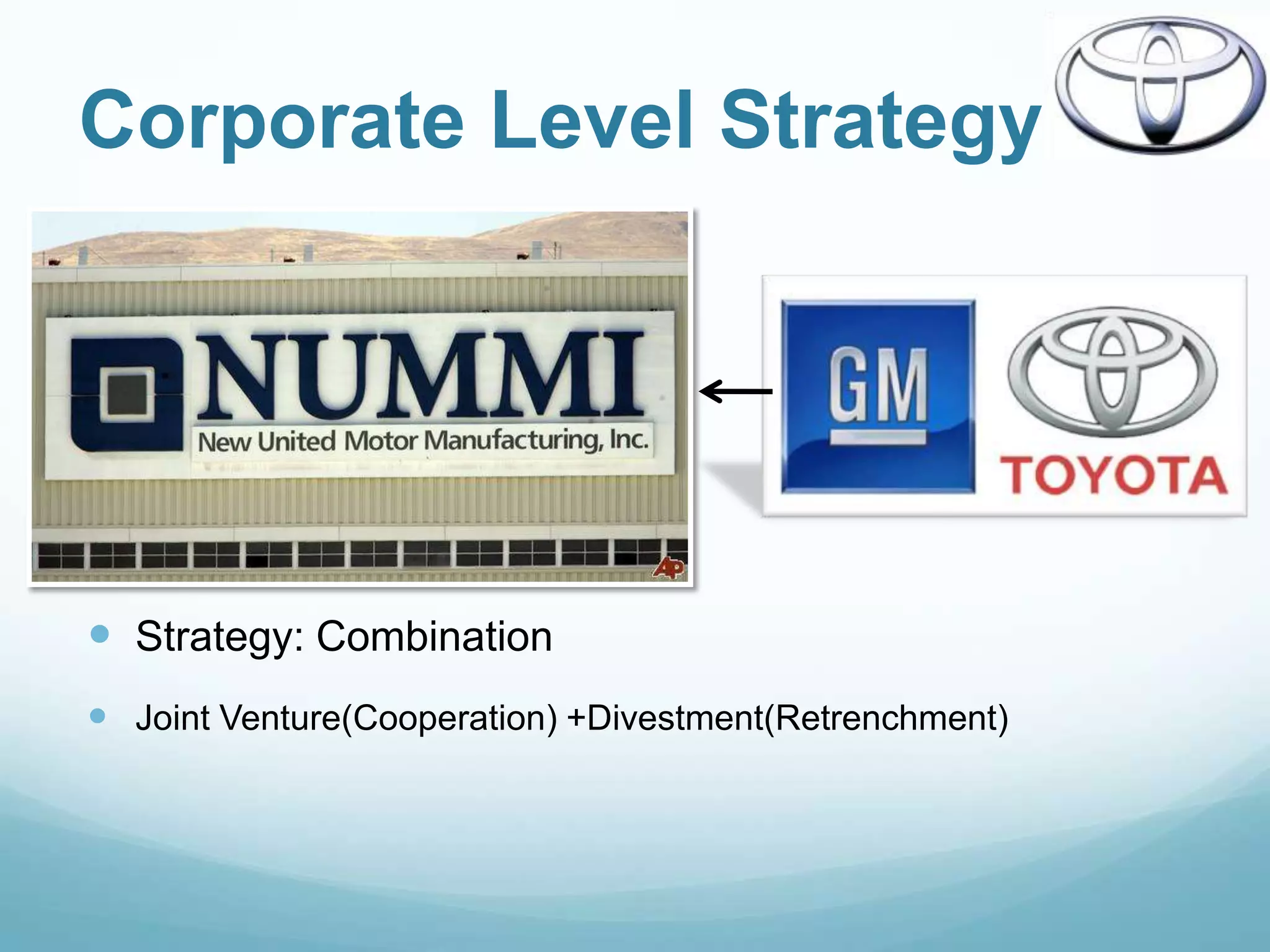 Corporate Level Strategy




 Strategy: Combination
 Joint Venture(Cooperation) +Divestment(Retrenchment)
 