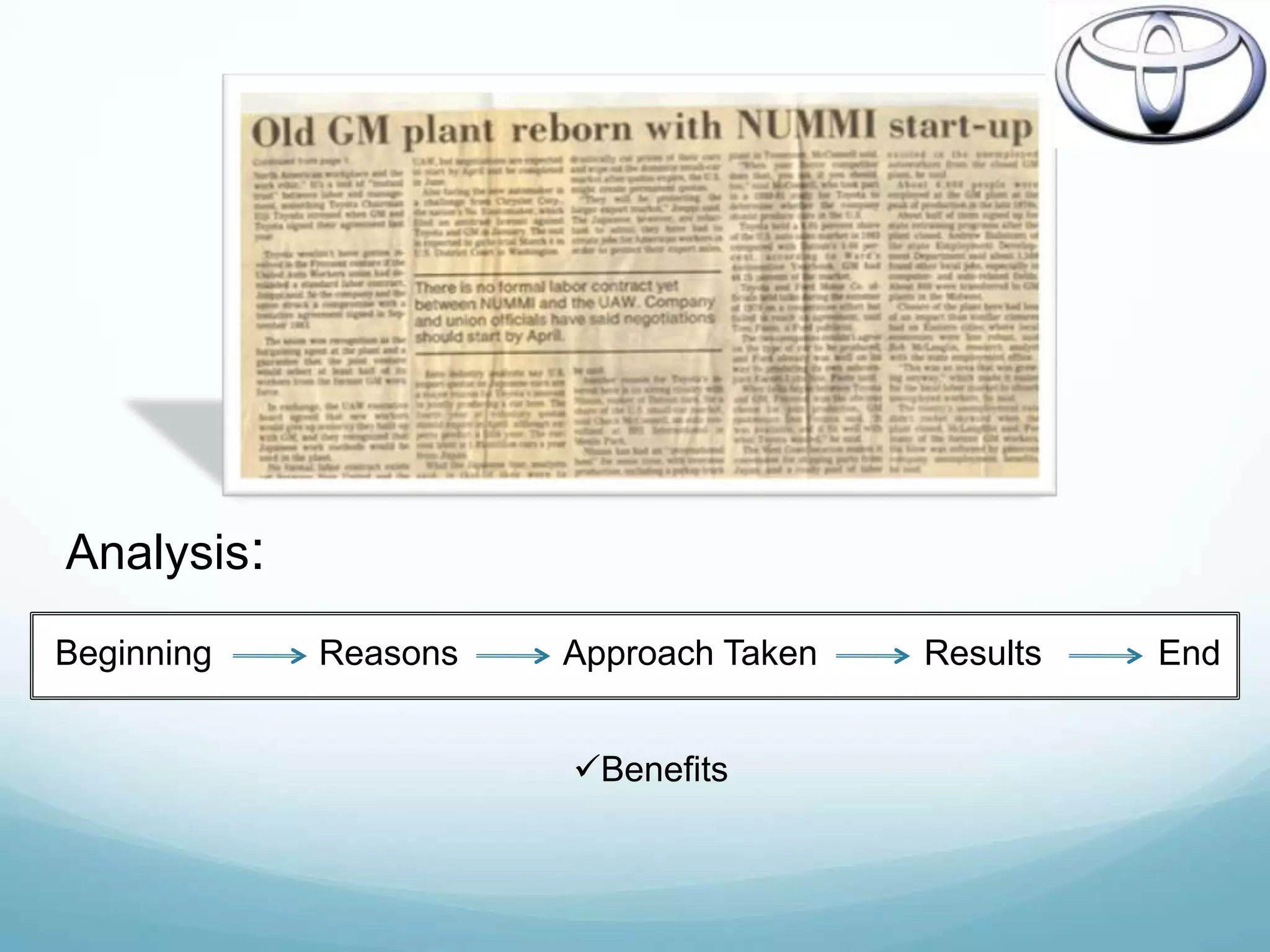 Analysis:
Beginning   Reasons   Approach Taken   Results   End


                      Benefits
 