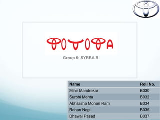 TOYOTA
 Group 6: SYBBA B




   Name                  Roll No.
   Mihir Mandrekar       B030
   Surbhi Mehta          B032
   Abhilasha Mohan Ram   B034
   Rohan Negi            B035
   Dhawal Pasad          B037
 