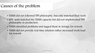 Causes of the problem
• TMM did not followed TPS philosophy but only matched their tools
• KFS seats matched the TMM capacity but did not implemented TPS
philosophy in production
• TMM identified problems and tagged them in storage for rework
• TMM did not provide real time solution rather increased work load
for rework
12/11/2015 prepared by group 2 10
 