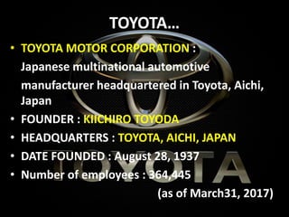 TOYOTA…
• TOYOTA MOTOR CORPORATION :
Japanese multinational automotive
manufacturer headquartered in Toyota, Aichi,
Japan
• FOUNDER : KIICHIRO TOYODA
• HEADQUARTERS : TOYOTA, AICHI, JAPAN
• DATE FOUNDED : August 28, 1937
• Number of employees : 364,445
(as of March31, 2017)
 