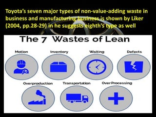 Toyota’s seven major types of non-value-adding waste in
business and manufacturing business is shown by Liker
(2004, pp.28-29) in he suggests eighth’s type as well
 