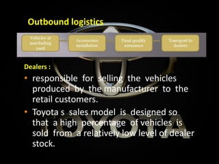 Dealers :
• responsible for selling the vehicles
produced by the manufacturer to the
retail customers.
• Toyota s sales model is designed so
that a high percentage of vehicles is
sold from a relatively low level of dealer
stock.
Outbound logistics
 
