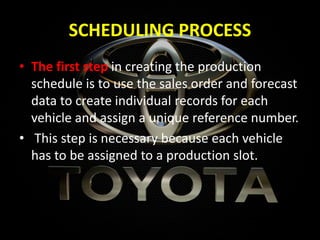 SCHEDULING PROCESS
• The first step in creating the production
schedule is to use the sales order and forecast
data to create individual records for each
vehicle and assign a unique reference number.
• This step is necessary because each vehicle
has to be assigned to a production slot.
 