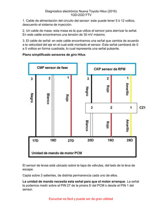 Diagnostico electrónico Nueva Toyota Hilux (2016)
1GD-2GD FTV
Escuchar es fácil y puede ser de gran utilidad
1. Cable de alimentación del circuito del sensor: este puede tener 5 ó 12 voltios,
deacuerdo el sistema de inyección.
2. Un cable de masa: esta masa es la que utiliza el sensor para aterrizar la señal.
En este cable encontramos una tensión de 30 mV máximo.
3. El cable de señal: en este cable encontramos una señal que cambia de acuerdo
a la velocidad del eje en el cual esté montado el sensor. Esta señal cambiará de 0
a 5 voltios en forma cuadrada, lo cual representa una señal pulsante.
Plano simplificado sensores de giro Hilux
El sensor de levas está ubicado sobre la tapa de válvulas, del lado de la leva de
escape.
Capta sobre 3 salientes, de distinta permanencia cada uno de ellos.
La unidad de mando necesita esta señal para que el motor arranque. La señal
la podemos medir sobre el PIN 27 de la pinera D del PCM o desde el PIN 1 del
sensor.
 