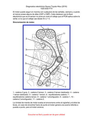 Diagnostico electrónico Nueva Toyota Hilux (2016)
1GD-2GD FTV
Escuchar es fácil y puede ser de gran utilidad
El motor puede seguir en marcha con cualquiera de las señales, siempre y cuando
al menos posea alguna de ellas (CKP o CMP). Cabe destacar que la llave
electrónica que es el sensor no pone en corto el voltaje que el PCM aplica sobre la
señal, si no que el voltaje cae desde 5V a 1 V.
Sincronización de motor.
1 - cadena 2 guía, 2 - cadena 2 tensor, 3 - cadena 2 tensor deslizador, 4 - cadena
1 tensor deslizador, 5 - cadena 1 tensor, 6 - equilibradores cadena, 7 -
equilibradores cadena tensor, 8 - cadena 1 amortiguador, 9 - cadena 1, 10 -
cadena 2 amortiguador, 11 - cadena 2.
La Unidad de mando de motor evalúa el sincronismo entre el cigüeñal y el árbol de
levas, en caso de encontrar fuera de punto el motor genera una avería referida a
puesta a punto, pero el motor arranca.
 