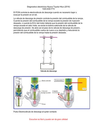 Diagnostico electrónico Nueva Toyota Hilux (2016)
1GD-2GD FTV
Escuchar es fácil y puede ser de gran utilidad
El PCM controla la electroválvula de descarga cuando es necesario bajar o
evacuar la presión en el rail.
La válvula de descarga de presión controla la presión del combustible de la rampa.
Cuando la presión del combustible de la rampa excede la presión de inyección
deseada, o cuando la ECU del motor detecta que la presión del combustible de la
rampa excede el valor meta, se excita la bobina solenoide de la válvula de
descarga de presión. Se abre así el paso de la válvula de descarga de presión,
permitiendo que el combustible vuelva de nuevo a su depósito y reduciendo la
presión del combustible de la rampa hasta la presión deseada.
Pulso Electroválvula de descarga al quitar contacto
 