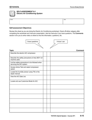 Body Electrical
TOYOTA Hybrid System - Course 071 6-15
SELF-ASSESSMENT 6-1
Electric Air Conditioning System
Name: Date:
Self-assessment Objectives
Review this sheet as you are doing the Electric Air Conditioning worksheet. Check off either category after
completing the worksheet and instructor presentation. Ask the instructor if you have questions. The Comments
section is for you to write notes on where to find the information, questions, etc.
I have questions I know I can
Topic Comment
Describe the electric A/C compressor.
Describe the safety precautions of why ND11 oil
must be used.
List the safety precautions to be followed when
servicing the A/C system.
Access Active Test and select compressor
speed.
Locate the humidity sensor using TIS or the
repair manual.
View the A/C Data List.
Locate and use Customize Mode for A/C.
TOYOTA HYBRID SYSTEM
 