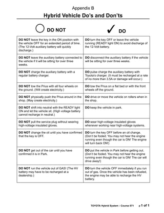 TOYOTA Hybrid System - Course 071 p 1 of 1
ÁÁÁÁÁÁÁÁÁÁÁÁÁÁÁÁÁ
ÁÁÁÁÁÁÁÁÁÁÁÁÁÁÁÁÁ
ÁÁÁÁÁÁÁÁÁÁÁÁÁÁÁÁÁ
ÁÁÁÁÁÁÁÁÁÁÁÁÁÁÁÁÁ
DO NOT
ÁÁÁÁÁÁÁÁÁÁÁÁÁÁÁÁÁ
ÁÁÁÁÁÁÁÁÁÁÁÁÁÁÁÁÁ
ÁÁÁÁÁÁÁÁÁÁÁÁÁÁÁÁÁ
ÁÁÁÁÁÁÁÁÁÁÁÁÁÁÁÁÁ
✓ DO
ÁÁÁÁÁÁÁÁÁÁÁÁÁÁÁÁÁ
ÁÁÁÁÁÁÁÁÁÁÁÁÁÁÁÁÁ
ÁÁÁÁÁÁÁÁÁÁÁÁÁÁÁÁÁ
ÁÁÁÁÁÁÁÁÁÁÁÁÁÁÁÁÁ
ÁÁÁÁÁÁÁÁÁÁÁÁÁÁÁÁÁ
ÁÁÁÁÁÁÁÁÁÁÁÁÁÁÁÁÁ
DO NOT leave the key in the ON position with
the vehicle OFF for an extended period of time.
(The 12-Volt auxiliary battery will quickly
discharge.)
ÁÁÁÁÁÁÁÁÁÁÁÁÁÁÁÁÁ
ÁÁÁÁÁÁÁÁÁÁÁÁÁÁÁÁÁ
ÁÁÁÁÁÁÁÁÁÁÁÁÁÁÁÁÁ
ÁÁÁÁÁÁÁÁÁÁÁÁÁÁÁÁÁ
ÁÁÁÁÁÁÁÁÁÁÁÁÁÁÁÁÁ
ÁÁÁÁÁÁÁÁÁÁÁÁÁÁÁÁÁ
DO turn the key OFF or leave the vehicle
running (READY light ON) to avoid discharge of
the 12-Volt battery.
ÁÁÁÁÁÁÁÁÁÁÁÁÁÁÁÁÁ
ÁÁÁÁÁÁÁÁÁÁÁÁÁÁÁÁÁ
ÁÁÁÁÁÁÁÁÁÁÁÁÁÁÁÁÁ
ÁÁÁÁÁÁÁÁÁÁÁÁÁÁÁÁÁ
DO NOT leave the auxiliary battery connected to
the vehicle if it will be sitting for over three
weeks.
ÁÁÁÁÁÁÁÁÁÁÁÁÁÁÁÁÁ
ÁÁÁÁÁÁÁÁÁÁÁÁÁÁÁÁÁ
ÁÁÁÁÁÁÁÁÁÁÁÁÁÁÁÁÁ
ÁÁÁÁÁÁÁÁÁÁÁÁÁÁÁÁÁ
DO disconnect the auxiliary battery if the vehicle
will be sitting for over three weeks.
ÁÁÁÁÁÁÁÁÁÁÁÁÁÁÁÁÁ
ÁÁÁÁÁÁÁÁÁÁÁÁÁÁÁÁÁ
ÁÁÁÁÁÁÁÁÁÁÁÁÁÁÁÁÁ
ÁÁÁÁÁÁÁÁÁÁÁÁÁÁÁÁÁ
ÁÁÁÁÁÁÁÁÁÁÁÁÁÁÁÁÁ
DO NOT charge the auxiliary battery with a
regular battery charger.
ÁÁÁÁÁÁÁÁÁÁÁÁÁÁÁÁÁ
ÁÁÁÁÁÁÁÁÁÁÁÁÁÁÁÁÁ
ÁÁÁÁÁÁÁÁÁÁÁÁÁÁÁÁÁ
ÁÁÁÁÁÁÁÁÁÁÁÁÁÁÁÁÁ
ÁÁÁÁÁÁÁÁÁÁÁÁÁÁÁÁÁ
DO pulse charge the auxiliary battery with
Toyota’s charger. (It must be recharged at a rate
of no more than 3.5A or damage will occur.)
ÁÁÁÁÁÁÁÁÁÁÁÁÁÁÁÁÁ
ÁÁÁÁÁÁÁÁÁÁÁÁÁÁÁÁÁ
ÁÁÁÁÁÁÁÁÁÁÁÁÁÁÁÁÁ
DO NOT tow the Prius with all four wheels on
the ground. (Will create electricity.)
ÁÁÁÁÁÁÁÁÁÁÁÁÁÁÁÁÁ
ÁÁÁÁÁÁÁÁÁÁÁÁÁÁÁÁÁ
ÁÁÁÁÁÁÁÁÁÁÁÁÁÁÁÁÁ
DO tow the Prius on a flat bed or with the front
wheels off the ground.
ÁÁÁÁÁÁÁÁÁÁÁÁÁÁÁÁÁ
ÁÁÁÁÁÁÁÁÁÁÁÁÁÁÁÁÁ
ÁÁÁÁÁÁÁÁÁÁÁÁÁÁÁÁÁ
ÁÁÁÁÁÁÁÁÁÁÁÁÁÁÁÁÁ
DO NOT physically push the Prius around in the
shop. (May create electricity.)
ÁÁÁÁÁÁÁÁÁÁÁÁÁÁÁÁÁ
ÁÁÁÁÁÁÁÁÁÁÁÁÁÁÁÁÁ
ÁÁÁÁÁÁÁÁÁÁÁÁÁÁÁÁÁ
ÁÁÁÁÁÁÁÁÁÁÁÁÁÁÁÁÁ
DO drive or move the vehicle on rollers when in
the shop.
ÁÁÁÁÁÁÁÁÁÁÁÁÁÁÁÁÁ
ÁÁÁÁÁÁÁÁÁÁÁÁÁÁÁÁÁ
ÁÁÁÁÁÁÁÁÁÁÁÁÁÁÁÁÁ
ÁÁÁÁÁÁÁÁÁÁÁÁÁÁÁÁÁ
DO NOT shift into neutral with the READY light
ON and let the vehicle sit. (High voltage battery
cannot recharge in neutral.)
ÁÁÁÁÁÁÁÁÁÁÁÁÁÁÁÁÁ
ÁÁÁÁÁÁÁÁÁÁÁÁÁÁÁÁÁ
ÁÁÁÁÁÁÁÁÁÁÁÁÁÁÁÁÁ
ÁÁÁÁÁÁÁÁÁÁÁÁÁÁÁÁÁ
DO keep the vehicle in park.
ÁÁÁÁÁÁÁÁÁÁÁÁÁÁÁÁÁ
ÁÁÁÁÁÁÁÁÁÁÁÁÁÁÁÁÁ
ÁÁÁÁÁÁÁÁÁÁÁÁÁÁÁÁÁ
ÁÁÁÁÁÁÁÁÁÁÁÁÁÁÁÁÁ
DO NOT pull the service plug without wearing
high-voltage insulated gloves.
ÁÁÁÁÁÁÁÁÁÁÁÁÁÁÁÁÁ
ÁÁÁÁÁÁÁÁÁÁÁÁÁÁÁÁÁ
ÁÁÁÁÁÁÁÁÁÁÁÁÁÁÁÁÁ
ÁÁÁÁÁÁÁÁÁÁÁÁÁÁÁÁÁ
DO wear high-voltage insulated gloves
whenever working near high-voltage systems.
ÁÁÁÁÁÁÁÁÁÁÁÁÁÁÁÁÁ
ÁÁÁÁÁÁÁÁÁÁÁÁÁÁÁÁÁ
ÁÁÁÁÁÁÁÁÁÁÁÁÁÁÁÁÁ
ÁÁÁÁÁÁÁÁÁÁÁÁÁÁÁÁÁ
ÁÁÁÁÁÁÁÁÁÁÁÁÁÁÁÁÁ
DO NOT change the oil until you have confirmed
that the key is OFF.
ÁÁÁÁÁÁÁÁÁÁÁÁÁÁÁÁÁ
ÁÁÁÁÁÁÁÁÁÁÁÁÁÁÁÁÁ
ÁÁÁÁÁÁÁÁÁÁÁÁÁÁÁÁÁ
ÁÁÁÁÁÁÁÁÁÁÁÁÁÁÁÁÁ
ÁÁÁÁÁÁÁÁÁÁÁÁÁÁÁÁÁ
DO turn the key OFF before an oil change.
(Don’t be fooled. You may not hear the engine
running even though the car is ON! The engine
will turn back ON!)
ÁÁÁÁÁÁÁÁÁÁÁÁÁÁÁÁÁ
ÁÁÁÁÁÁÁÁÁÁÁÁÁÁÁÁÁ
ÁÁÁÁÁÁÁÁÁÁÁÁÁÁÁÁÁ
ÁÁÁÁÁÁÁÁÁÁÁÁÁÁÁÁÁ
ÁÁÁÁÁÁÁÁÁÁÁÁÁÁÁÁÁ
DO NOT get out of the car until you have
confirmed it is in Park.
ÁÁÁÁÁÁÁÁÁÁÁÁÁÁÁÁÁ
ÁÁÁÁÁÁÁÁÁÁÁÁÁÁÁÁÁ
ÁÁÁÁÁÁÁÁÁÁÁÁÁÁÁÁÁ
ÁÁÁÁÁÁÁÁÁÁÁÁÁÁÁÁÁ
ÁÁÁÁÁÁÁÁÁÁÁÁÁÁÁÁÁ
DO put the vehicle in Park before getting out.
(Don’t be fooled. You may not hear the engine
running even though the car is ON! The car will
drive away!)
ÁÁÁÁÁÁÁÁÁÁÁÁÁÁÁÁÁ
ÁÁÁÁÁÁÁÁÁÁÁÁÁÁÁÁÁ
ÁÁÁÁÁÁÁÁÁÁÁÁÁÁÁÁÁ
ÁÁÁÁÁÁÁÁÁÁÁÁÁÁÁÁÁ
ÁÁÁÁÁÁÁÁÁÁÁÁÁÁÁÁÁ
ÁÁÁÁÁÁÁÁÁÁÁÁÁÁÁÁÁ
DO NOT run the vehicle out of GAS! (The HV
battery may have to be recharged at a
dealership.)
ÁÁÁÁÁÁÁÁÁÁÁÁÁÁÁÁÁ
ÁÁÁÁÁÁÁÁÁÁÁÁÁÁÁÁÁ
ÁÁÁÁÁÁÁÁÁÁÁÁÁÁÁÁÁ
ÁÁÁÁÁÁÁÁÁÁÁÁÁÁÁÁÁ
ÁÁÁÁÁÁÁÁÁÁÁÁÁÁÁÁÁ
ÁÁÁÁÁÁÁÁÁÁÁÁÁÁÁÁÁ
DO turn the vehicle OFF immediately if you run
out of gas. Once the vehicle has been refueled,
the engine may be able to recharge the HV
battery.
Appendix B
Hybrid Vehicle Do’s and Don’ts
 