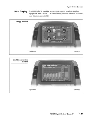 Hybrid System Overview
TOYOTA Hybrid System - Course 071 1-17
A multi display is provided on the center cluster panel as standard
equipment. The 7.0−inch LCD screen has a pressure sensitive panel for
easy function accessibility.
Energy Monitor
Figure 1.15 T071f115c
Fuel Consumption
Screen
Figure 1.16 T071f116c
Multi Display
 