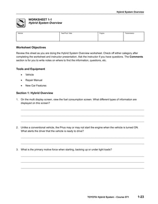 Hybrid System Overview
TOYOTA Hybrid System - Course 071 1-23
WORKSHEET 1-1
Hybrid System Overview
Vehicle Year/Prod. Date Engine Transmission
Worksheet Objectives
Review this sheet as you are doing the Hybrid System Overview worksheet. Check off either category after
completing the worksheet and instructor presentation. Ask the instructor if you have questions. The Comments
section is for you to write notes on where to find the information, questions, etc.
Tools and Equipment
• Vehicle
• Repair Manual
• New Car Features
Section 1: Hybrid Overview
1. On the multi display screen, view the fuel consumption screen. What different types of information are
displayed on this screen?
2. Unlike a conventional vehicle, the Prius may or may not start the engine when the vehicle is turned ON.
What alerts the driver that the vehicle is ready to drive?
3. What is the primary motive force when starting, backing up or under light loads?
 