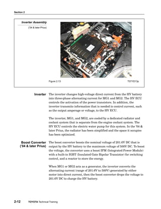 Section 2
2-12 TOYOTA Technical Training
Inverter Assembly
(’04 & later Prius)
Figure 2.13 T071f213p
The inverter changes high−voltage direct current from the HV battery
into three−phase alternating current for MG1 and MG2. The HV ECU
controls the activation of the power transistors. In addition, the
inverter transmits information that is needed to control current, such
as the output amperage or voltage, to the HV ECU.
The inverter, MG1, and MG2, are cooled by a dedicated radiator and
coolant system that is separate from the engine coolant system. The
HV ECU controls the electric water pump for this system. In the ’04 &
later Prius, the radiator has been simplified and the space it occupies
has been optimized.
The boost converter boosts the nominal voltage of 201.6V DC that is
output by the HV battery to the maximum voltage of 500V DC. To boost
the voltage, the converter uses a boost IPM (Integrated Power Module)
with a built−in IGBT (Insulated Gate Bipolar Transistor) for switching
control, and a reactor to store the energy.
When MG1 or MG2 acts as a generator, the inverter converts the
alternating current (range of 201.6V to 500V) generated by either
motor into direct current, then the boost converter drops the voltage to
201.6V DC to charge the HV battery.
Inverter
Boost Converter
(’04 & later Prius)
 