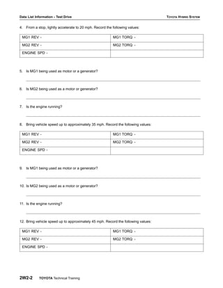 Data List Information - Test Drive TOYOTA HYBRID SYSTEM
2W2-2 TOYOTA Technical Training
4. From a stop, lightly accelerate to 20 mph. Record the following values:
MG1 REV - MG1 TORQ -
MG2 REV - MG2 TORQ -
ENGINE SPD -
5. Is MG1 being used as motor or a generator?
6. Is MG2 being used as a motor or generator?
7. Is the engine running?
8. Bring vehicle speed up to approximately 35 mph. Record the following values:
MG1 REV - MG1 TORQ -
MG2 REV - MG2 TORQ -
ENGINE SPD -
9. Is MG1 being used as motor or a generator?
10. Is MG2 being used as a motor or generator?
11. Is the engine running?
12. Bring vehicle speed up to approximately 45 mph. Record the following values:
MG1 REV - MG1 TORQ -
MG2 REV - MG2 TORQ -
ENGINE SPD -
 