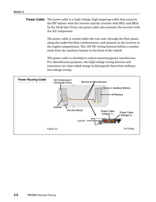 Section 3
3-2 TOYOTA Technical Training
The power cable is a high−voltage, high−amperage cable that connects
the HV battery with the inverter and the inverter with MG1 and MG2.
In the ’04 & later Prius, the power cable also connects the inverter with
the A/C compressor.
The power cable is routed under the rear seat, through the floor panel,
along the under−the−floor reinforcement, and connects to the inverter in
the engine compartment. The 12V DC wiring harness follows a similar
route from the auxiliary battery to the front of the vehicle
The power cable is shielded to reduce electromagnetic interference.
For identification purposes, the high−voltage wiring harness and
connectors are color−coded orange to distinguish them from ordinary
low−voltage wiring.
Power Routing Cable
Figure 3.2 T071f302c
Power Cable
 