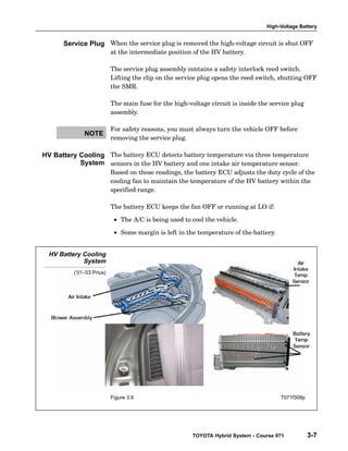 High-Voltage Battery
TOYOTA Hybrid System - Course 071 3-7
When the service plug is removed the high−voltage circuit is shut OFF
at the intermediate position of the HV battery.
The service plug assembly contains a safety interlock reed switch.
Lifting the clip on the service plug opens the reed switch, shutting OFF
the SMR.
The main fuse for the high−voltage circuit is inside the service plug
assembly.
For safety reasons, you must always turn the vehicle OFF before
removing the service plug.
The battery ECU detects battery temperature via three temperature
sensors in the HV battery and one intake air temperature sensor.
Based on those readings, the battery ECU adjusts the duty cycle of the
cooling fan to maintain the temperature of the HV battery within the
specified range.
The battery ECU keeps the fan OFF or running at LO if:
• The A/C is being used to cool the vehicle.
• Some margin is left in the temperature of the battery.
HV Battery Cooling
System
(’01-’03 Prius)
Figure 3.9 T071f309p
Service Plug
NOTE
HV Battery Cooling
System
 