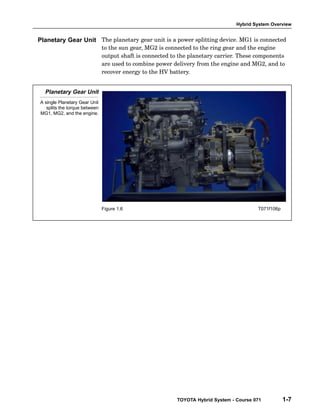 Hybrid System Overview
TOYOTA Hybrid System - Course 071 1-7
The planetary gear unit is a power splitting device. MG1 is connected
to the sun gear, MG2 is connected to the ring gear and the engine
output shaft is connected to the planetary carrier. These components
are used to combine power delivery from the engine and MG2, and to
recover energy to the HV battery.
Planetary Gear Unit
A single Planetary Gear Unit
splits the torque between
MG1, MG2, and the engine.
Figure 1.6 T071f106p
Planetary Gear Unit
 