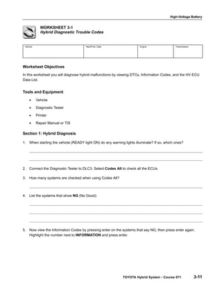 High-Voltage Battery
TOYOTA Hybrid System - Course 071 3-11
WORKSHEET 3-1
Hybrid Diagnostic Trouble Codes
Vehicle Year/Prod. Date Engine Transmission
Worksheet Objectives
In this worksheet you will diagnose hybrid malfunctions by viewing DTCs, Information Codes, and the HV ECU
Data List.
Tools and Equipment
• Vehicle
• Diagnostic Tester
• Printer
• Repair Manual or TIS
Section 1: Hybrid Diagnosis
1. When starting the vehicle (READY light ON) do any warning lights illuminate? If so, which ones?
2. Connect the Diagnostic Tester to DLC3. Select Codes All to check all the ECUs.
3. How many systems are checked when using Codes All?
4. List the systems that show NG (No Good).
5. Now view the Information Codes by pressing enter on the systems that say NG, then press enter again.
Highlight the number next to INFORMATION and press enter.
 