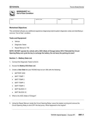 TOYOTA HYBRID SYSTEM
TOYOTA Hybrid System - Course 071 4W1-1
WORKSHEET 4-1
Out of Gas Condition
Vehicle Year/Prod. Date Engine Transmission
Worksheet Objectives
This worksheet will give you additional experience diagnosing hybrid system diagnostic codes and identifying a
common “Out of Gas” condition.
Tools and Equipment
• Vehicle
• Diagnostic Tester
• Repair Manual or TIS
NOTE: DO NOT operate the vehicle with a SOC (State of Charge) below 35%!!! Reinstall the Circuit
Opening Relay and cycle the key to recharge the battery. Do not leave the parking lot area!!
Section 1 – Battery Data List
1. Connect the Diagnostic Tester to DLC3.
2. Access the Battery ECU Data List.
3. Create a User Data list (use YES/NO keys to turn ON) with the following:
• BATTERY SOC
• BATT TEMP 1
• BATT TEMP 2
• BATT TEMP 3
• BATT TEMP 4
• BATT BLOCK V1
• BATT BLOCK V2
4. What is the SOC (State of Charge)?
5. Using the Repair Manual, locate the Circuit Opening Relay. Leave the engine running and remove the
Circuit Opening Relay to shut OFF the fuel pump. What happened to the engine?
 