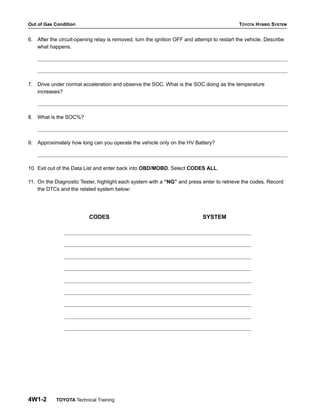 Out of Gas Condition TOYOTA HYBRID SYSTEM
4W1-2 TOYOTA Technical Training
6. After the circuit-opening relay is removed, turn the ignition OFF and attempt to restart the vehicle. Describe
what happens.
7. Drive under normal acceleration and observe the SOC. What is the SOC doing as the temperature
increases?
8. What is the SOC%?
9. Approximately how long can you operate the vehicle only on the HV Battery?
10. Exit out of the Data List and enter back into OBD/MOBD. Select CODES ALL.
11. On the Diagnostic Tester, highlight each system with a “NG” and press enter to retrieve the codes. Record
the DTCs and the related system below:
CODES SYSTEM
 