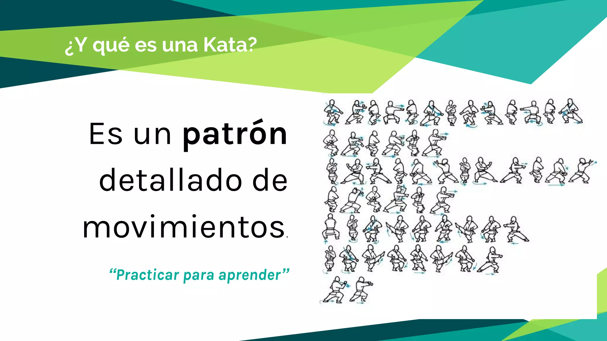 ¿Y qué es una Kata?
Es un patrón
detallado de
movimientos.
“Practicar para aprender”
 