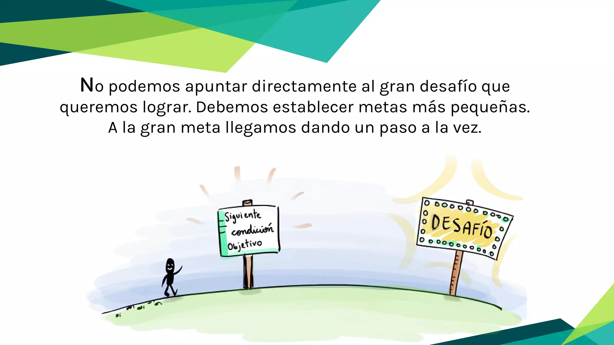 No podemos apuntar directamente al gran desafío que
queremos lograr. Debemos establecer metas más pequeñas.
A la gran meta llegamos dando un paso a la vez.
 